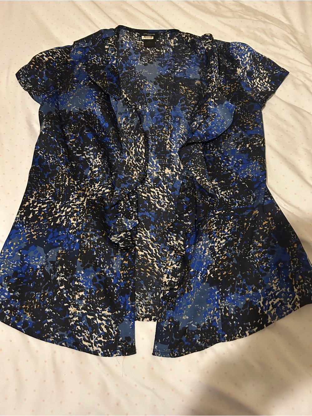 Ann Taylor Blue and Black Ruffle-Front Blouse
